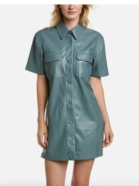 7 For All Mankind Faux Leather Dress Shirt Button Down Forrest Green